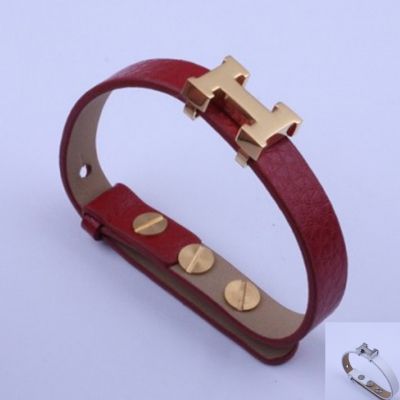 Hermes H LOGO Economy Narrow Leather Bracelet Red/ White Design Rock Style For Girls