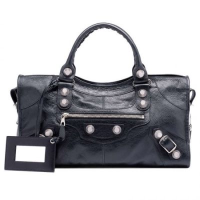 Fashion Ladies Balenciaga Silver Studs Giant 21 Black Leather Curved Top Zipper Clone Handbag 