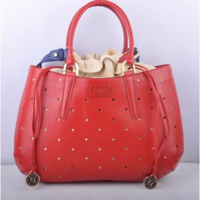 Fendi Red Leather Perforated Large B Fab Womens Handbag Blue Shoulder Strap Beige Lining  