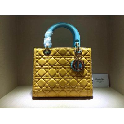 Fashion Dior Lady Yellow Cannage Leather Totes Bag Baby Blue Handle Python Leather Gusset 