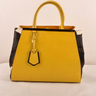 Fendi 2Jours Yellow Cross Veins Leather Medium Trapeze Bag Black-white Horsehair Gusset For Girls HK