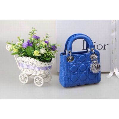 AAA Quality Dior "Lady Dior" Blue Cannnage Quilted Leather Mini Tote Bag Silver Pendant 
