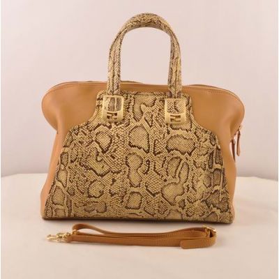 Fendi Yellow Snake Veins Leather Ladies Top Handle Apricot Leather Zipper Chameleon Crossbody Bag Buckle Trimming 