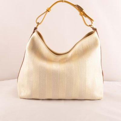 Contracted Fendi Yellow-Earth Yellow Leather Strap Beige Striped Linen Ladies Large Shoulder Bag  