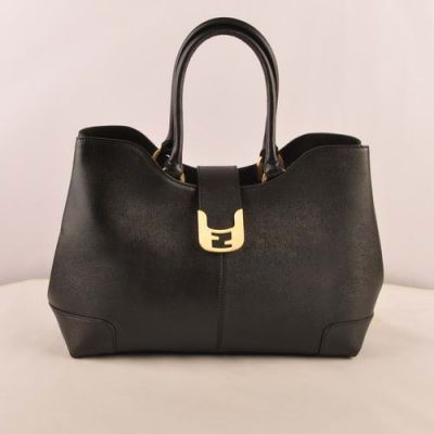 Black Classic Fendi Chameleon Yellow Gold Buckle Cross Veins Leather Flap Handbag Gusset With Snap Button 
