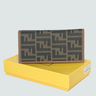 AAA Quality Fendi Brown Leather With F Pattern Fabric Long Folding Wallet For Womens 