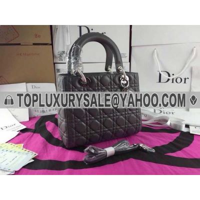 High Quality Dior "Lady Dior" Cannage Medium  Totes Grey Leather Silver Zipper Closure 