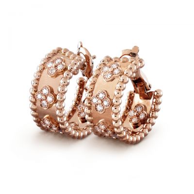 VCA Perlee Clovers Diamonds Hoop Earrings Pink Gold 2018 Latest Collection Sale VCARO2MK00