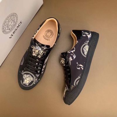 Most Popular Versace Black Calfskin & Patent Leather Silver Medusa Stud Male Lace-up Logo Pattern Sneakers 