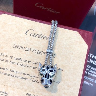  PanthèRe De Cartier Couple Sterling Silver Cheetah Shape Black Lacquer Texture Emerald Eye Detail Pendant Bead Chain Necklace