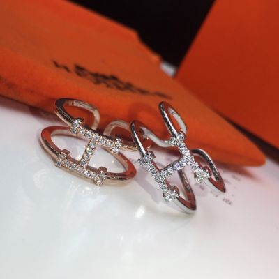 Hermes Best Price Osmose Paved Diamonds H-shaped Charm Females Sweet Style Cuff Ring Silver/Rose Gold Price Malaysia
