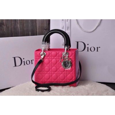  Popular Dior Tri-color Lady Calfskin Rose Red Tote Bag Black Top Handle & Strap 