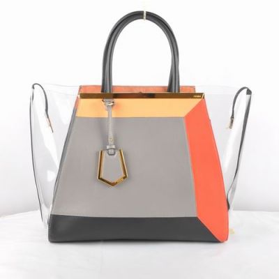 Women's Fendi Grey Transparent PVC Black Leather Handle 2Jours Totes Yellow Gold Trimming For Travel 
