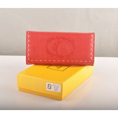 Cheapest Fendi Horse Stamped Hand Stitching Edge Ladies Double Compartments Red Calfskin Leather Flap Wallet 