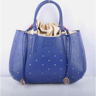 Women's Luxurious Perforated Fendi B Fab Blue Leather Large Handbag Leather String Closure Red Shoulder Strap 