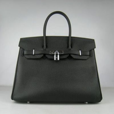 Classic Hermes Black Calfskin Silver Lock Womens Birkin Tote Bag Rounded Handle 35CM For Sale 