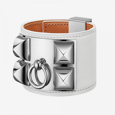Hermes Collier De Chien White Leather  Wide Bracelet With White Gold-plated Rivets Women Singapore H066850CK01T2