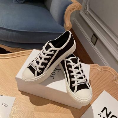 Spring Fashion Walk'N'Dior Classic Black Whtie Cotton Lace-up White Rubber Sole  Sneakers For Ladies