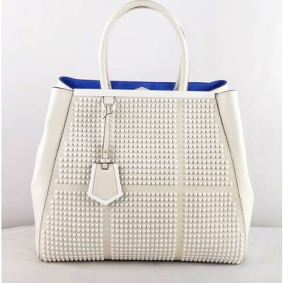 AAA Quality Fendi 2Jours White Saffiano Leather Expandable Gusset Ladies Totes Homochromatic Rivets Silver Hardware 