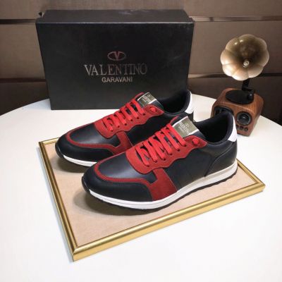 2018 Hot Selling Valentino Mens Calfskin & Suede Low-top Lace-up Sneakers Red/White/Black 