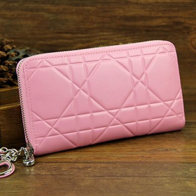 Latest Women's Zip-around Dior "Lady Dior" Pink Patent Leather Escapade Cannage Wallet Zip Pocket 