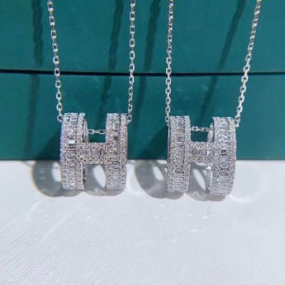 Spring Hot Selling Hermes Cylindrical H Logo Pendant Women White Crystals & Diamonds 925 Sterling Siver Necklace For Sale Online