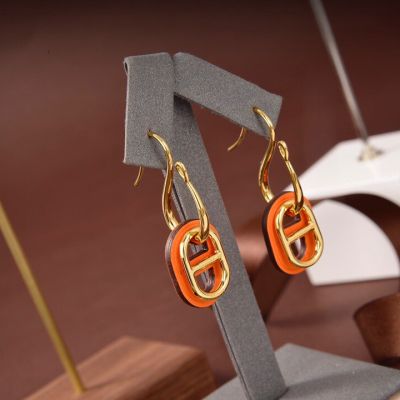 Hermes Classic O'Maillon Orange Leather & Yellow Gold Plated Chaine d'Ancre Pendant Females Faux Drop Earrings