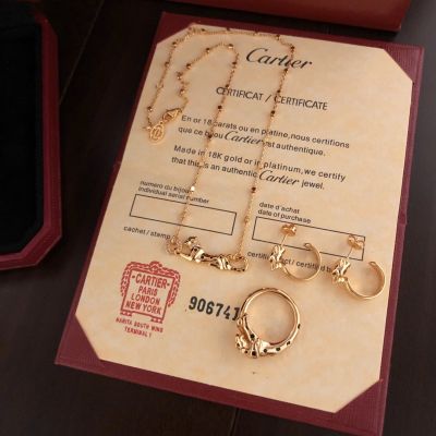  Panthè Re De Cartier Women'S Reclining Leopard Design Diamonds Onyx Gold Jewelry Set Necklace/Ring/Stud Earrings