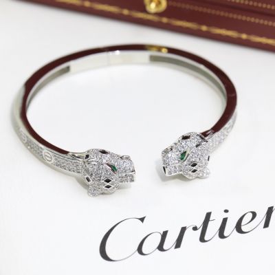  Panthè Re De Cartier Open Design Full Pave Diamonds Double Panther Head Shape Women Elegant Metal Bracelet