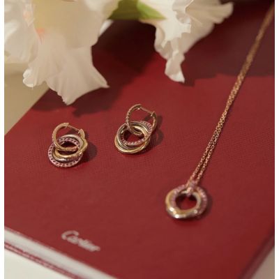  Cartier Trinity Collection Sterling Silver Material Pink Diamond Three Color&Rings Interwoven Pendant Earrings / Necklace