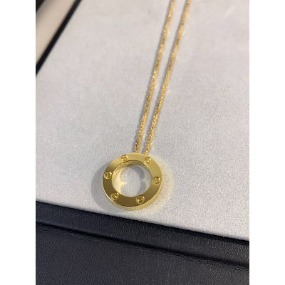 Copy Cartier Love Collection Unisex Screw Pattern Round Hollow Pendant Chain Necklace Yellow Gold Classic Style B7014200