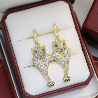 Panthè Re De Cartier Gold Seated Cheetah Design Emerald Eye Detail Luxury Women'S Full Diamonds Earrings