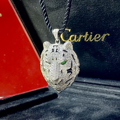  PanthèRe De Cartier Men'S Full Diamond Agate Texture Embellished Emerald Eye Tiger Head Pendant Black Braided Rope Necklace