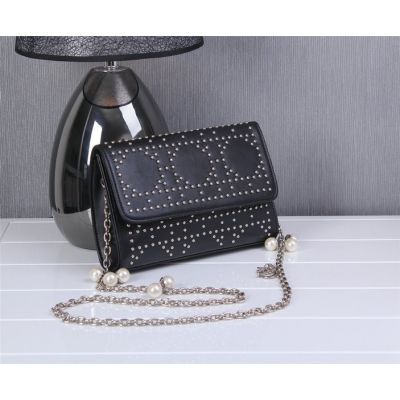 Christian Dior Satchel Black Leather Flap Studded Shoulder Bag Silver Chain Strap With Jewellery 
