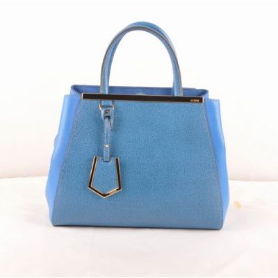 Chic Fendi Blue Grained Leather Ladies 2Jours Small Totes Navy Blue Ferrari Leather Gusset Top Handle 