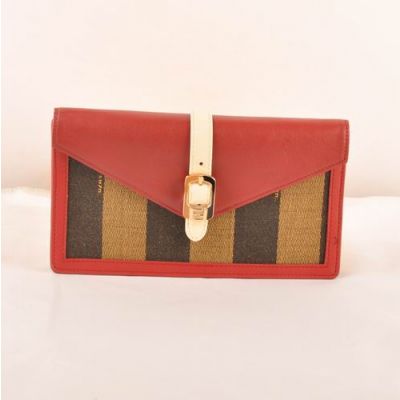 Trendy Fendi White Belt With Golden Buckle Womens Red Calfskin Leather & Striped Fabric Zucca Flap Wallet 