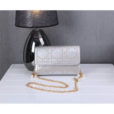 2017 Christian Dior Grey Studded Golden Chain Should Strap Jewellery Flap Bag 