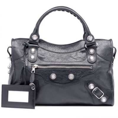 Balenciaga Giant 21 City Silver Studs Zipper Front Pocket Ladies Black Leather Top Handle Handbag Replica 