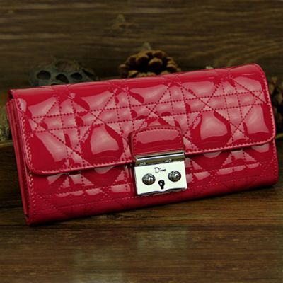 Top Sale Women's Dior "Lady Dior" Patent Leather Long Cannage Clone Wallet Red Online 