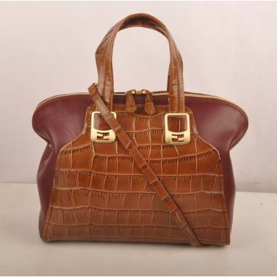 Fendi Chameleon Coffee Crocodile Veins Leather & Jujube Ferrari Leather Top Handle Yellow Brass Zipper Handbag  