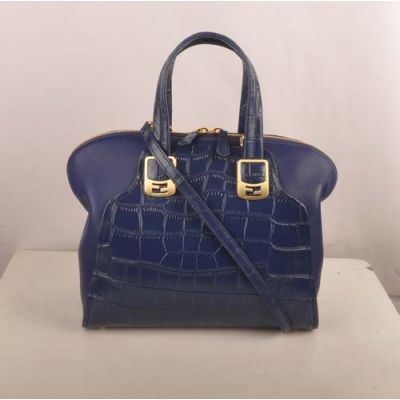 Women's Blue Fendi Chameleon Brass Buckle Crocodile Veins Leather & Ferrari Leather Zipper Shoulder Bag Two Compartments 
