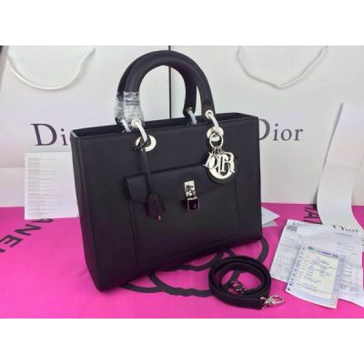  Dior Lady Silver Hardware Black Leather Tote Bag Flap Front Pocket For Sale 