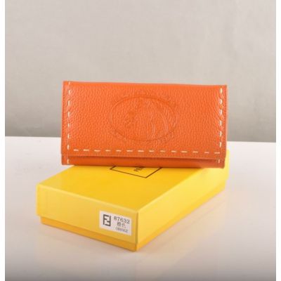 Fendi Horse Pattern Many Card Slots Orange Calfskin Leather Womens Long Flap  Wallet 