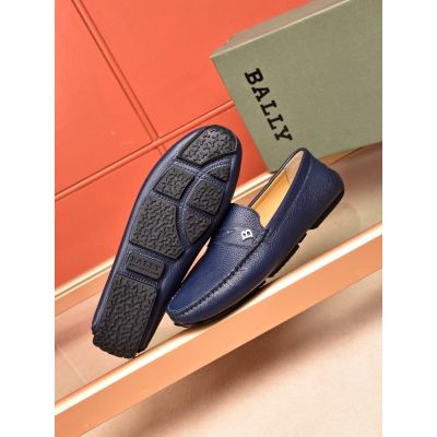 Men's Timeless Style Bally Silver Logo Charm Calfskin Leather Mocassins Divers Loafers Blue/Black 