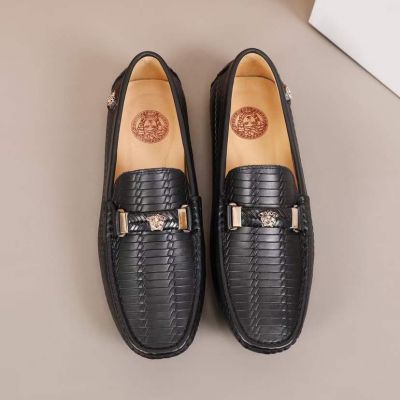 2021 Best Versace Classic Silver Medusa Stud Braid Pattern Detail Comfortable Soft Sole Male Black Calfskin Leather Loafers
