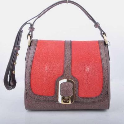 Fendi Chameleon Pearl Fish Leather With Caviar Leather Womens  Flap Messenger Bag Red-Coffee 