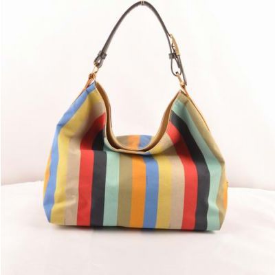 Fendi Yellow-Black Leather & Multicolor Striped Fabric Ladies Large Tote Bag Handle With Yellow Brass Buckle 