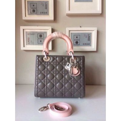  Hot Selling Dior Lady Bi-Color Cannage Lambskin Tote Bag Pink Handle & Gusset Silver Hardware 