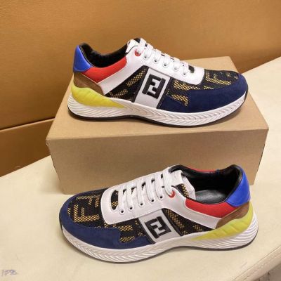 2021 Fashion Fendi F Logo Printing Mesh Detail Men Colorblock Suede Leather Lace-up Sneakers 