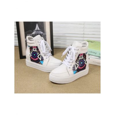 Latest Fendi Graffiti Details Ladies White Leather Lace-up High-top Simple Wedge Sneakers For Sale 